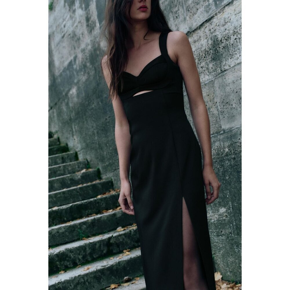Zara XS Black Sleeveless Cutout Midi Dress With Side Slit 9646/606/800 READ ME - Picture 6 of 7